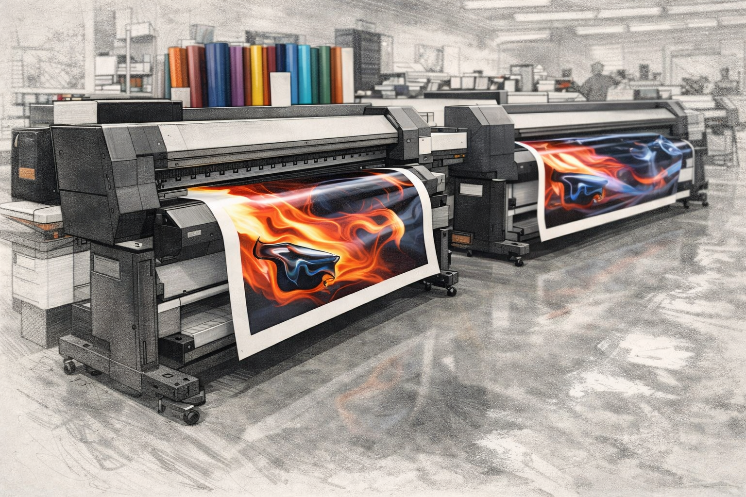 WrapFlo — wide-format printer running a flame wrap